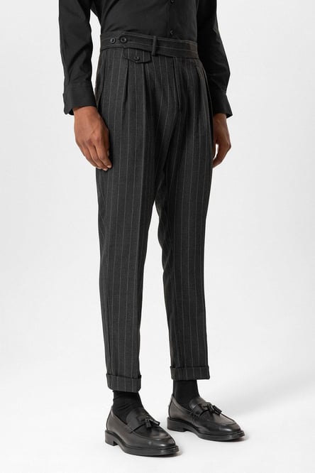 Black High Waist Pleated Striped Men's Trouse