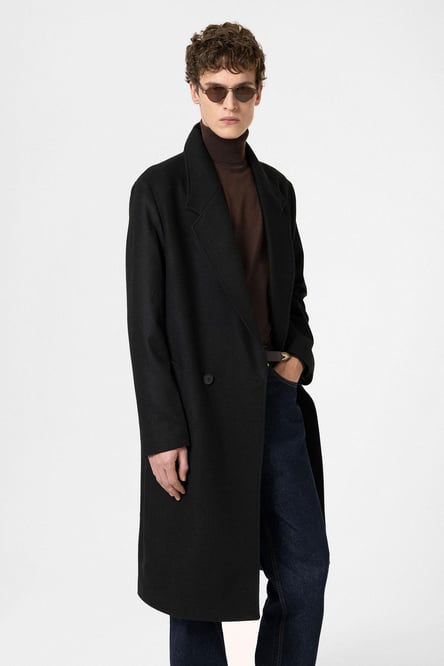 Black Wool Blend Herringbone Double Breasted Men's Coat