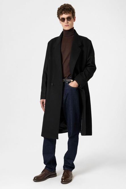 Black Wool Blend Herringbone Double Breasted Men's Coat