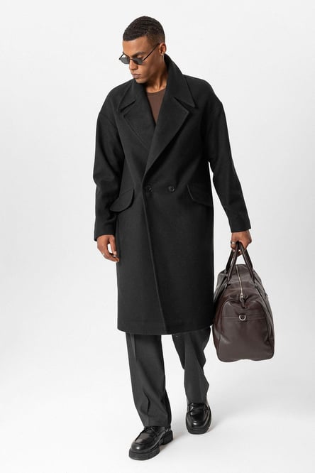 Black Wool Blend Double Breasted Men's Coat