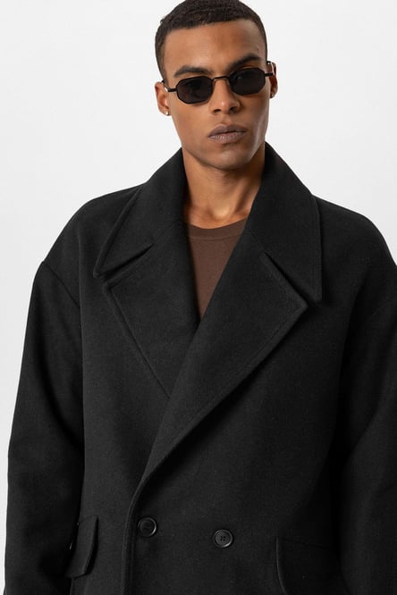 Black Wool Blend Double Breasted Men's Coat