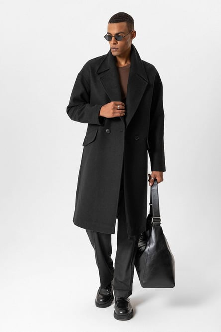 Black Wool Blend Double Breasted Men's Coat