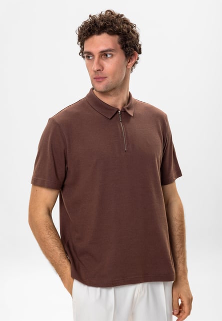 Antioch Brown Polo Neck Zippered Men's T-Shirt