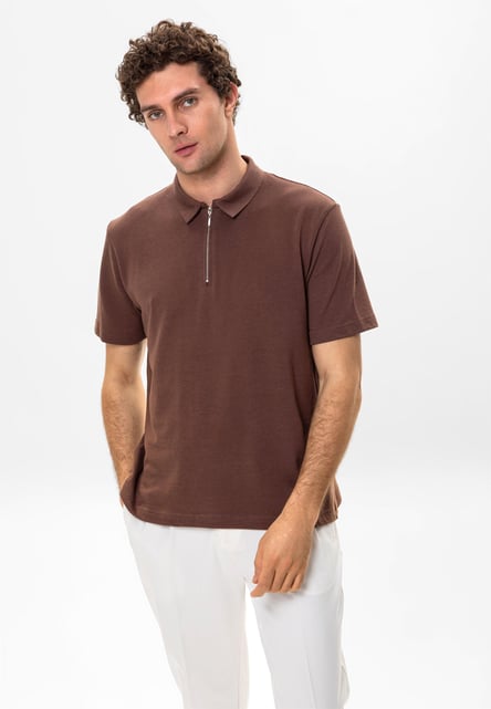 Antioch Brown Polo Neck Zippered Men's T-Shirt