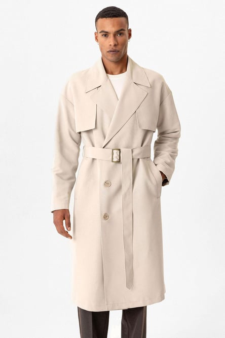 Stone Double Breasted Closure Belted Trench Coat