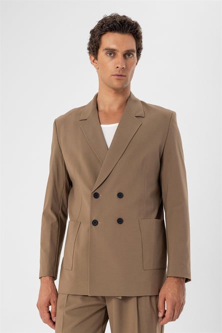 Double Breasted Men's Blazer Jacket with Camel Bag Pockets