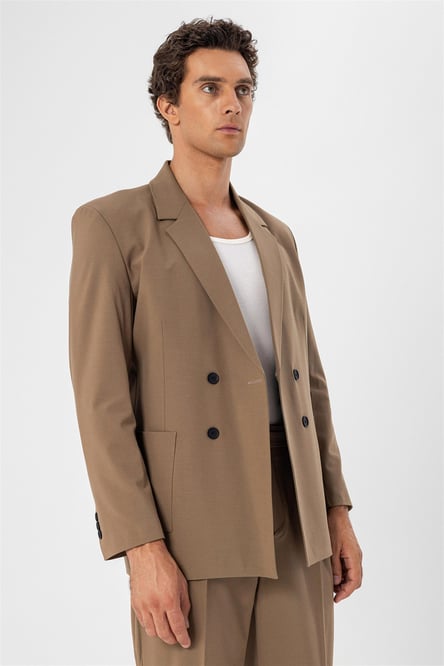 Double Breasted Men's Blazer Jacket with Camel Bag Pockets