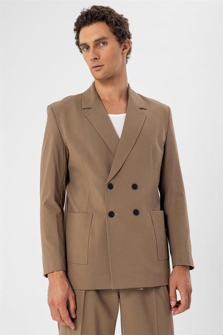 Double Breasted Men's Blazer Jacket with Camel Bag Pockets