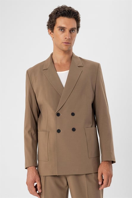 Double Breasted Men's Blazer Jacket with Camel Bag Pockets