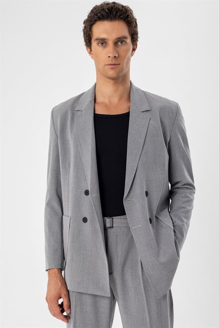 Gray Men's Double Breasted Blazer Jacket with Bag Pockets