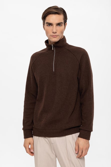 Antioch Brown Half Zipper High Collar Men's Sweater