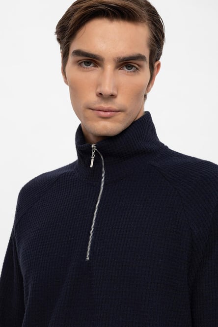 Antioch Navy Blue Half Zipper High Collar Men's Sweater