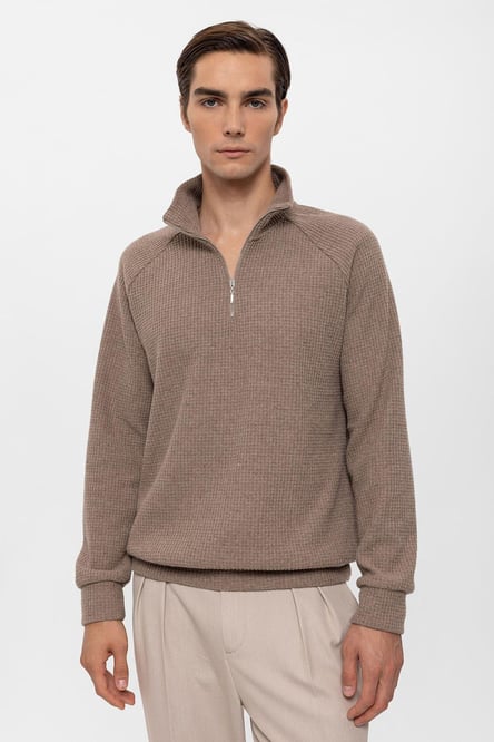 Antioch Beige Half Zipper High Collar Men's Sweater