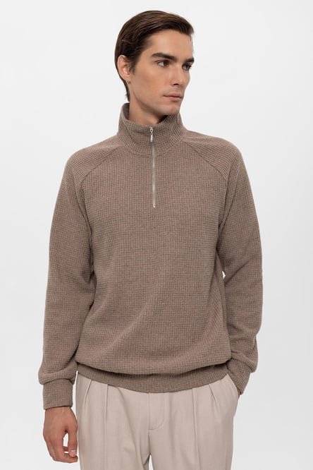 Antioch Beige Half Zipper High Collar Men's Sweater