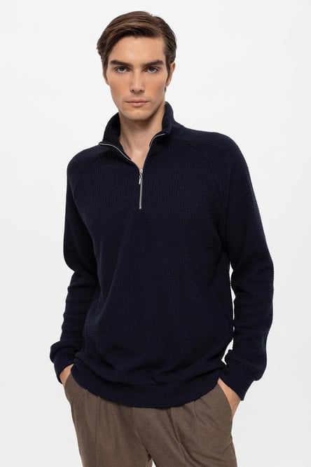 Antioch Navy Blue Half Zipper High Collar Men's Sweater