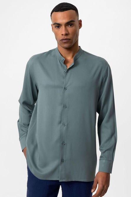 Antioch Green Stand Collar Regular Fit Men's Shirt