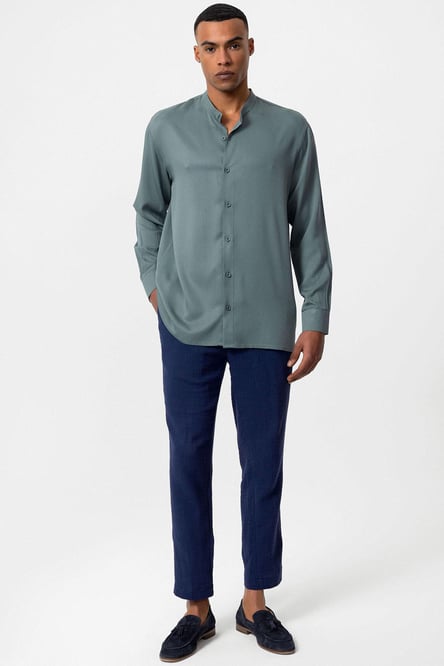 Antioch Green Stand Collar Regular Fit Men's Shirt