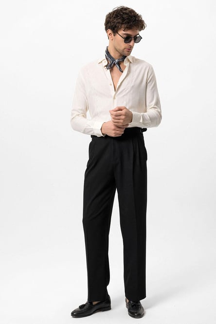 Black High Waist Buckle Detailed Comfortable Fit Men's Trousers